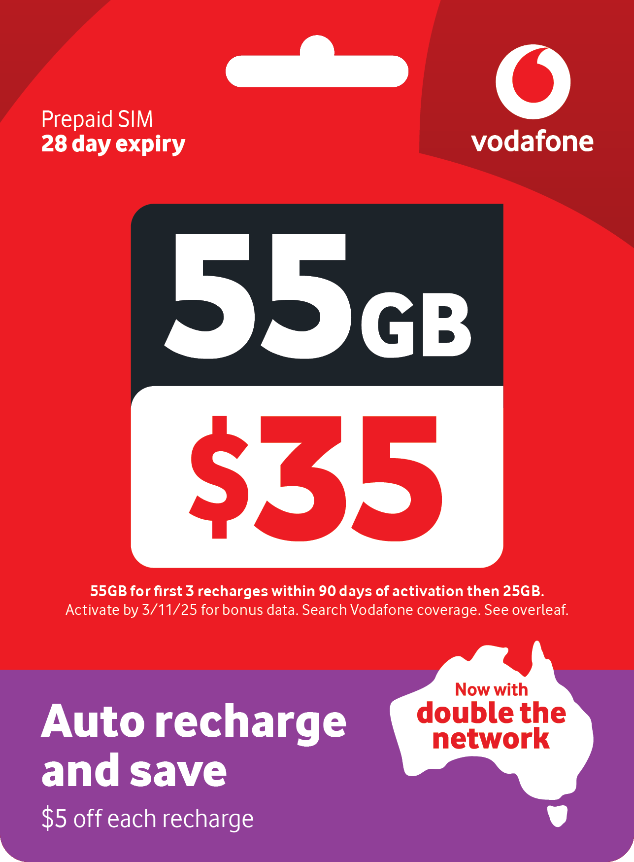 Vodafone 55GB Prepaid Starter Pack $35