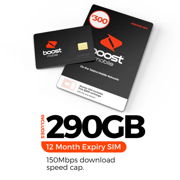 Boost Mobile $300 Prepaid Sim 290gb Data 12 Months expiry 150 Mbps Download Speed Cap
