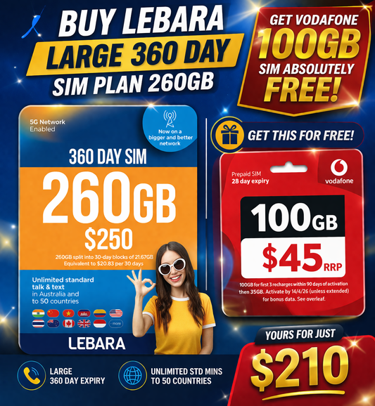 Lebara Large 360 Day Expiry Plan 260gb +Vodafone 28 days expiry 100GB Prepaid Sim Card Free Lebara
