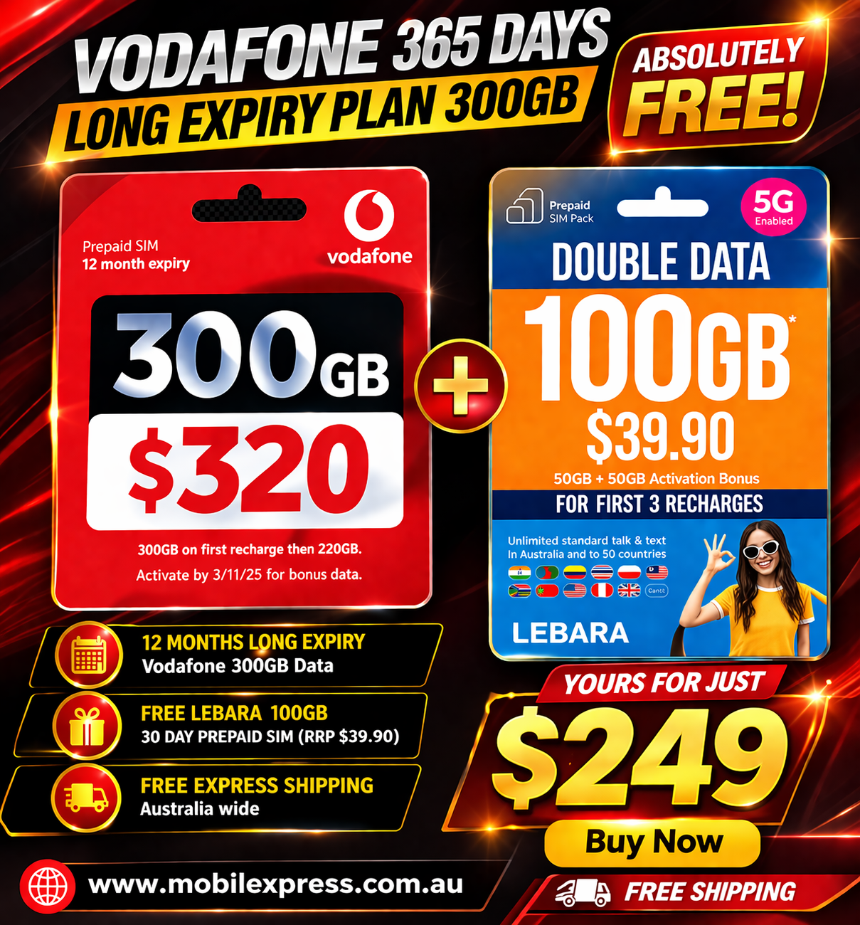 Vodafone 365 days Long expiry Plan 300GB + get Lebara 30 days expiry prepaid sim 100GB FREE Vodafone
