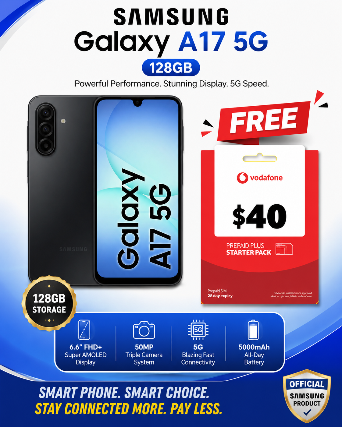 Samsung Galaxy A17 5G (128GB/4GB, 6.7'', SM-A176B) - Black + Free Vodafone Prepaid Sim Starter Pack Samsung