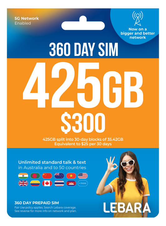 Lebara Large 360 Day Expiry Plan  425gb + Get Lebara 30days 130GB Sim Card Absolutely Free