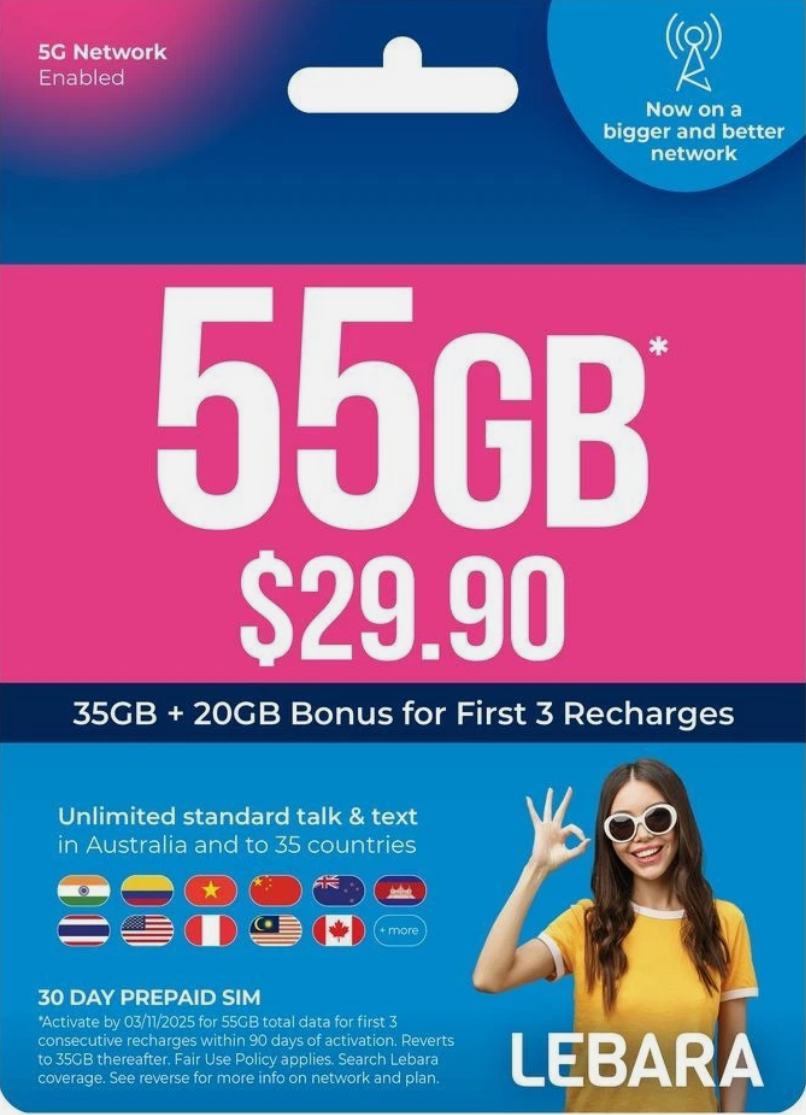 Boost 12 Months Expiry $300 Prepaid Sim 290gb Data + Lebara 30 day Expiry Prepaid Sim 55gb Data