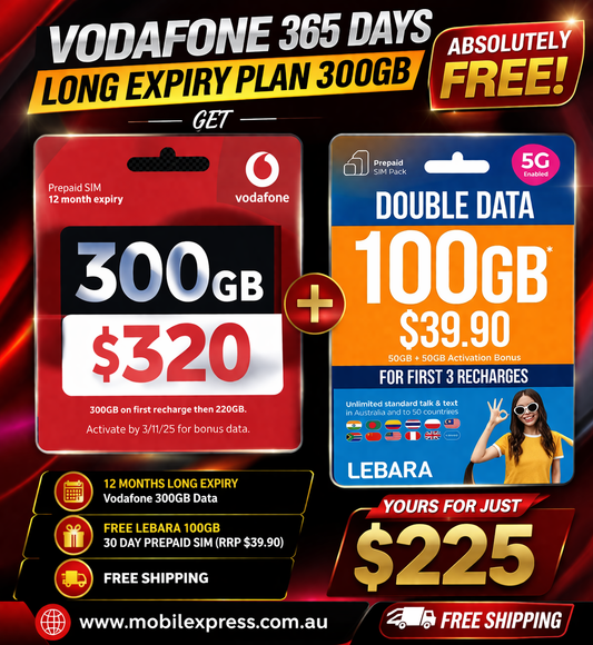 Vodafone 365 days Long expiry Plan 300GB + get Lebara 30 days expiry prepaid sim 100GB FREE Vodafone